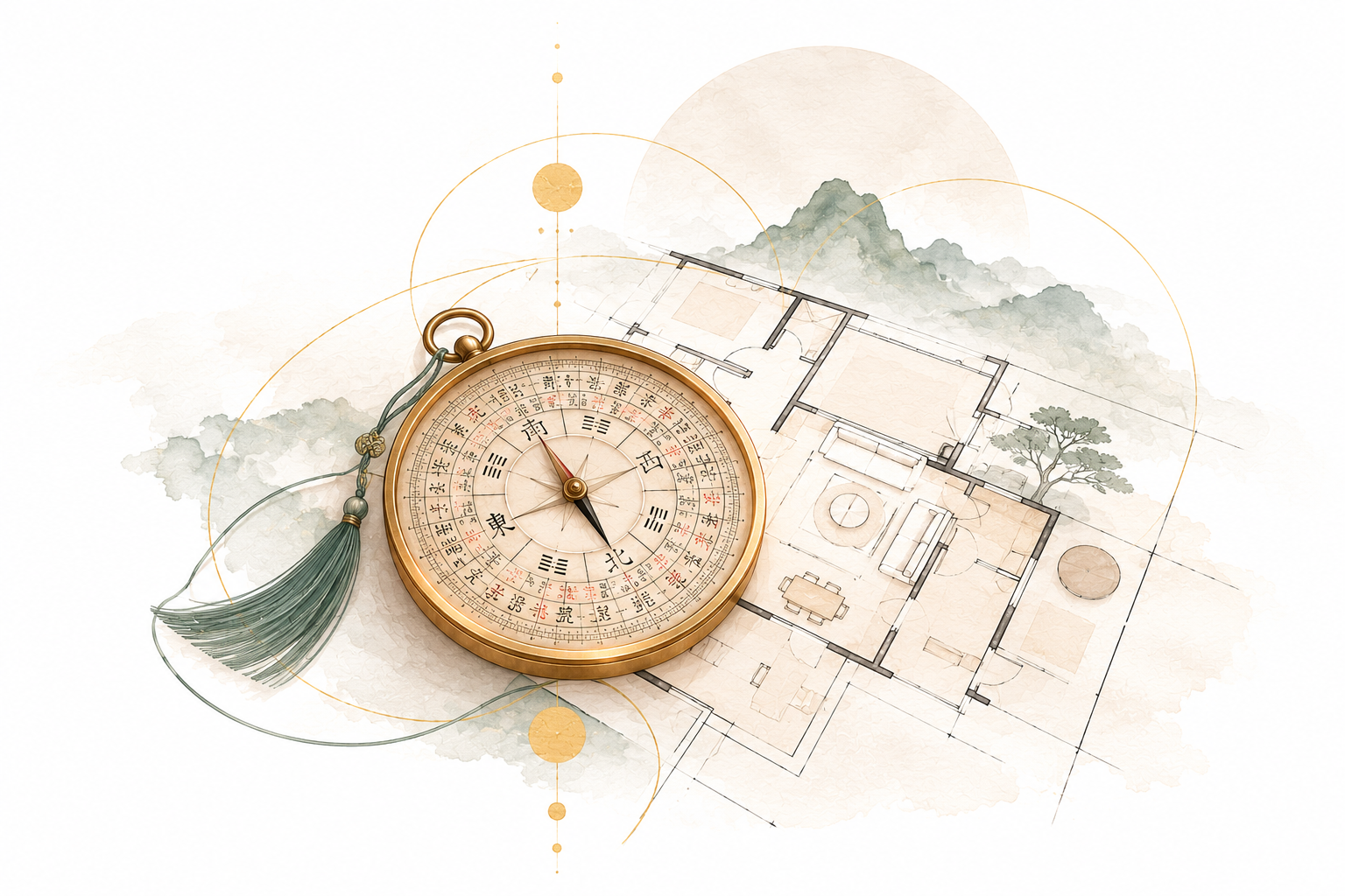 Boussole Feng Shui et plan architectural