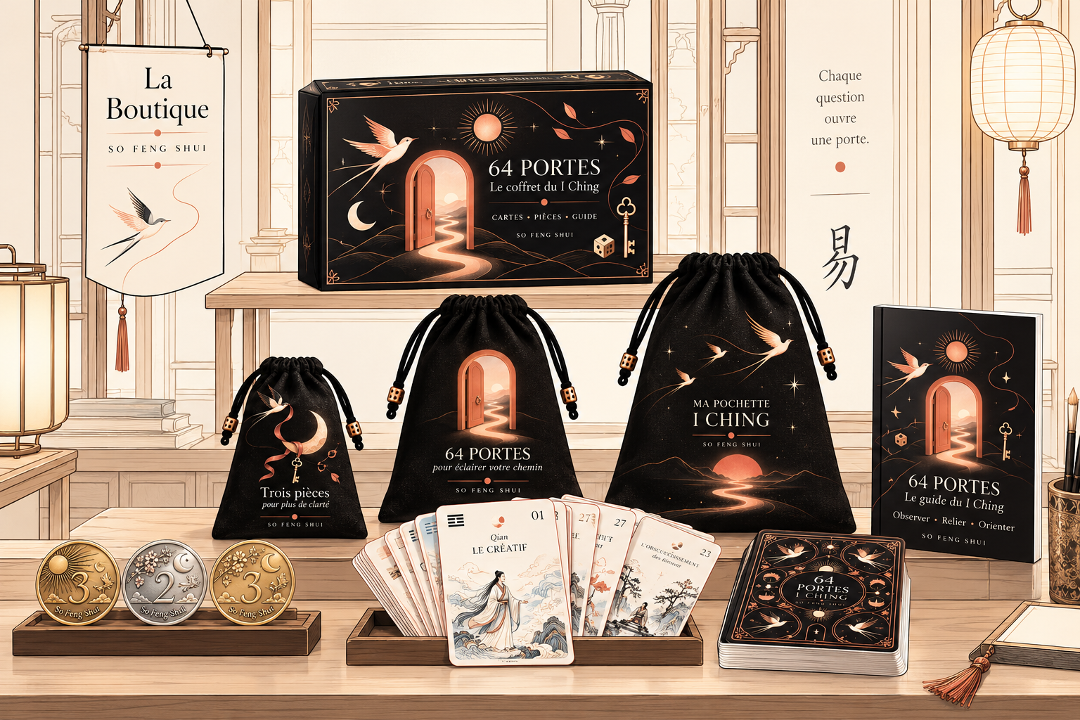 La Boutique So Feng Shui, vitrine illustrée des cartes I Ching, coffrets, pièces et pochons