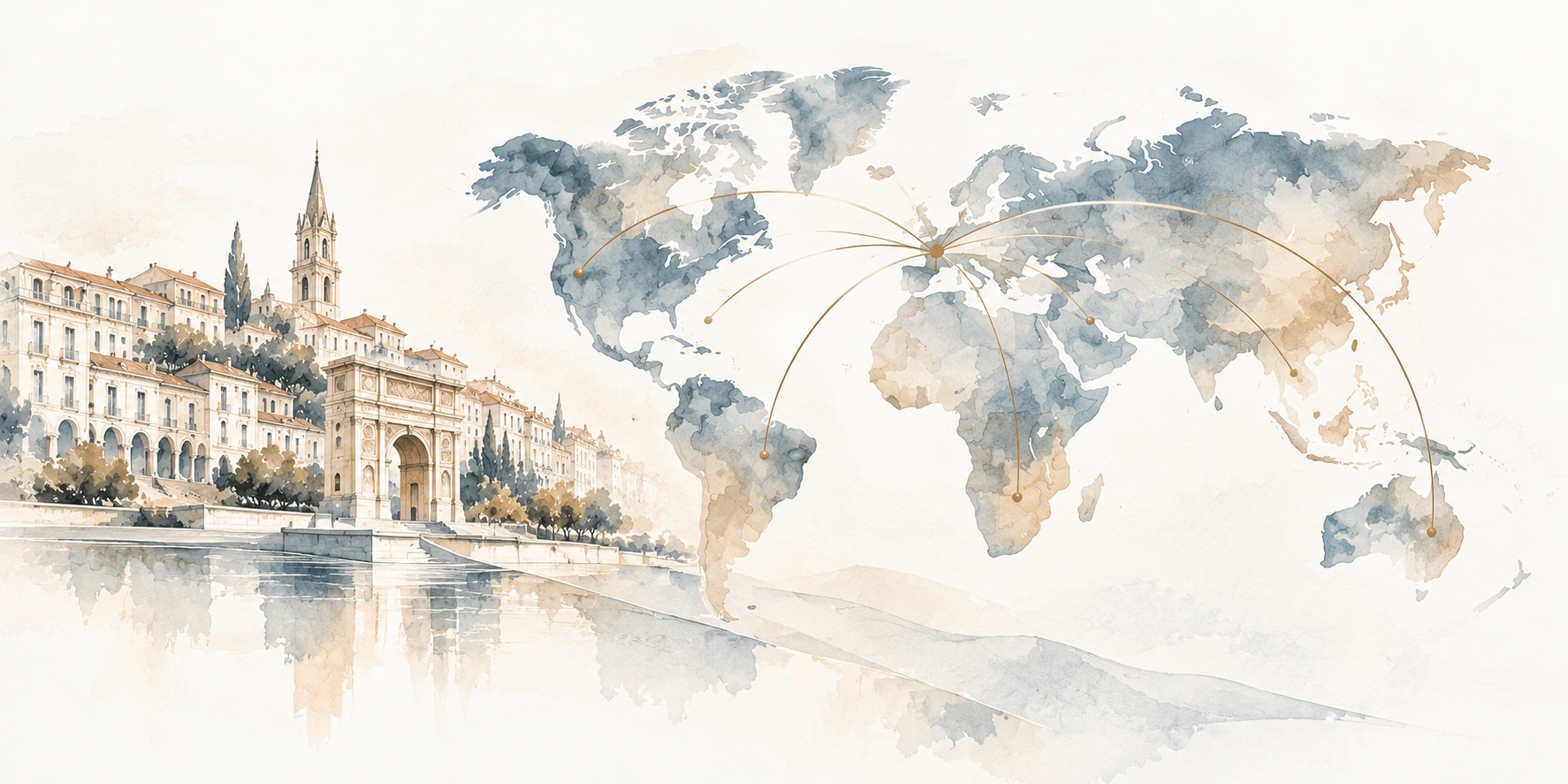 Montpellier et carte du monde à l'aquarelle, symbolisant les consultations So Feng Shui en France et à l'international