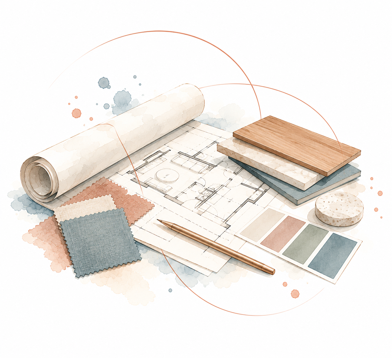 Plan d'intérieur, nuancier et échantillons de matières