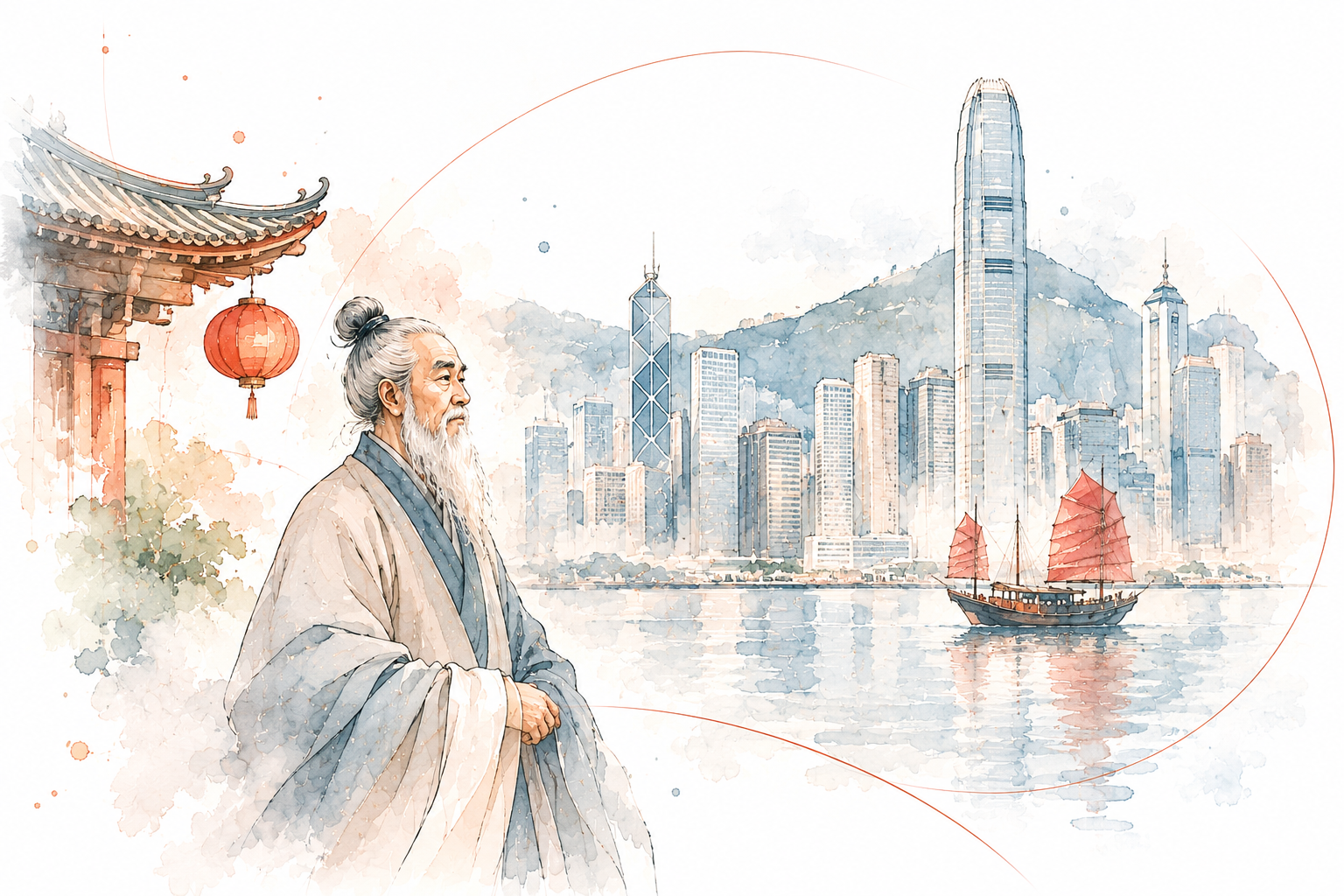 Hong Kong et un maître chinois, illustration à l’aquarelle